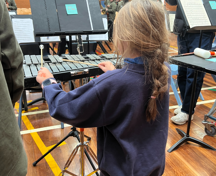 a student plaing the xylophone at a music day that the school attended
